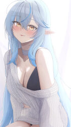 Rule 34 | 1girl, :p, arms at sides, black bra, blue hair, blush, bra, breasts, choker, cleavage, closed mouth, collarbone, cowboy shot, hair between eyes, hololive, large breasts, long hair, long sleeves, looking at viewer, mofu07519, multicolored hair, off-shoulder sweater, off shoulder, pointy ears, sidelocks, single bare shoulder, sitting, smile, solo, streaked hair, sweater, swept bangs, tongue, tongue out, underwear, very long hair, virtual youtuber, white choker, white sweater, yellow eyes, yukihana lamy