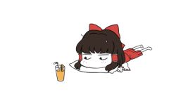 Rule 34 | 1girl, animated, animated gif, barefoot, bow, brown hair, chibi, cup, drink, drinking glass, drinking straw, full body, hair bow, hair tubes, hakurei reimu, juice, looking up, lying, manamanami, on stomach, orange juice, outstretched arms, pillow, ribbon-trimmed sleeves, ribbon trim, skirt, solo focus, touhou