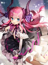 Rule 34 | 10s, 1girl, black dress, blue eyes, blush, claws, commentary request, curled horns, dress, elizabeth bathory (fate), elizabeth bathory (fate/extra ccc), elizabeth bathory (fate/grand order), elizabeth bathory (first ascension) (fate), fate/extra, fate/extra ccc, fate/grand order, fate (series), gambe, hair ribbon, hat, highres, horns, long hair, looking at viewer, open mouth, pink hair, pointy ears, ribbon, smile, solo