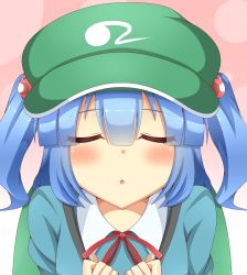 Rule 34 | 1girl, backpack, bag, blue hair, blush, closed eyes, facing viewer, gradient background, hair bobbles, hair ornament, hat, highres, houkiboshi, incoming kiss, kawashiro nitori, key, long sleeves, open mouth, pov, red ribbon, ribbon, shirt, short hair, solo, touhou, twintails, two side up, upper body