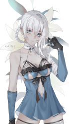 Rule 34 | 1girl, at wang, bandaged arm, bandages, bare shoulders, black gloves, blue eyes, breasts, character name, cleavage, closed mouth, cowboy shot, detached sleeves, expressionless, flower, gloves, hair rings, hand up, highres, kaine (nier), lingerie, long hair, looking at viewer, negligee, nier, nier (series), simple background, solo, thigh strap, underwear, white background, white hair, white neckwear