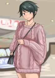 Rule 34 | 1girl, absurdres, bag, blush, commentary request, cowboy shot, green eyes, green hair, handbag, highres, jewelry, kantai collection, ken (shutenndouji1), mall, mogami (kancolle), pink sweater, ring, short hair, solo, sweater