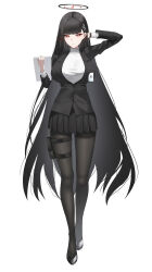 Rule 34 | 1girl, absurdres, black footwear, black hair, black halo, black jacket, black pantyhose, black skirt, blue archive, bracelet, breasts, bright pupils, clothes lift, fanged bangs, formal, full body, hair intakes, hair ornament, hairclip, hairpin, halo, hand in own hair, high heels, highres, holding, holding tablet pc, holster, id card, jacket, jewelry, katagirinanoka, large breasts, long hair, looking at viewer, pantyhose, parted lips, pleated skirt, red eyes, ribbed sweater, rio (blue archive), shirt, simple background, skirt, solo, sweater, sweater lift, tablet pc, thigh holster, tsurime, turtleneck, turtleneck sweater, v-shaped eyebrows, very long hair, walking, white background, white pupils, white shirt, white sweater