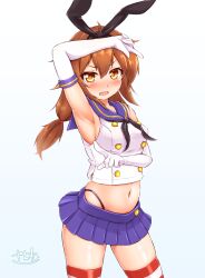 Rule 34 | 1girl, arm up, armpits, black hairband, black neckerchief, black panties, blue sailor collar, blue skirt, breasts, brown eyes, brown hair, cosplay, crop top, elbow gloves, gloves, hair between eyes, hairband, highleg, highleg panties, highres, kantai collection, long hair, looking at viewer, medium breasts, microskirt, midriff, navel, neckerchief, panties, pleated skirt, sailor collar, shimakaze (kancolle), shimakaze (kancolle) (cosplay), shiratsuyu (kancolle), shiratsuyu kai ni (kancolle), skirt, sleeveless, solo, striped clothes, striped thighhighs, thighhighs, thong, underwear, white gloves, zanne