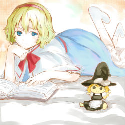 Rule 34 | 1girl, alice margatroid, bed, book, character doll, doll, dress, female focus, gradient background, hat, kirisame marisa, ogawa maiko, solo, touhou, white background