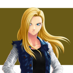 Rule 34 | 1girl, alternate hair length, alternate hairstyle, android 18, blonde hair, blue eyes, dragon ball, dragonball z, drawfag, hair over one eye, highres, long hair, non-web source, open clothes, open vest, rxgdo, smile, solo, torn clothes, torn sleeves, vest