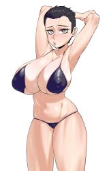Rule 34 | 1girl, absurdres, bikini, blue eyes, breasts, cleavage, grey eyes, gs16 (chug), heterochromia, highres, huge breasts, jourjii, large breasts, legs, open mouth, original, scar, scar on face, short hair, sideboob, solo, stretching, swimsuit, thick thighs, thighs, tomboy, toned, underboob, unusual pupils, white background