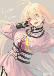 Rule 34 | 1girl, alternate costume, antenna hair, black gloves, blonde hair, blue eyes, chain, commentary request, danganronpa (series), danganronpa v3: killing harmony, fingerless gloves, gloves, grey background, hair between eyes, hand on own cheek, hand on own face, hands up, head tilt, iruma miu, long hair, long sleeves, nyuukazai, o-ring, o-ring top, open mouth, pink sweater, simple background, solo, sweater, tongue, tongue out