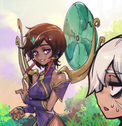 Rule 34 | 2girls, bare shoulders, breasts, brown hair, bush, covered navel, dark-skinned female, dark skin, detached sleeves, dress, electric fan, grass, grin, karma (league of legends), large breasts, league of legends, looking at another, magic, multiple girls, parted lips, phantom ix row, profile, purple dress, purple eyes, riven (league of legends), short hair, sidelocks, smile, sweat, teeth, upper body, white hair, wind