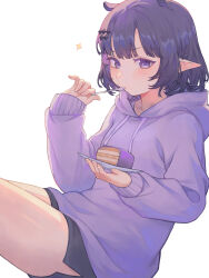 Rule 34 | 1girl, absurdres, alternate costume, black shorts, blunt bangs, blush, bob cut, cake, cake slice, curly hair, eating, food, highres, holding, holding plate, holding spoon, hololive, hololive english, hood, hoodie, kiwwwwwi, knees out of frame, looking at viewer, mole, mole under eye, ninomae ina&#039;nis, plate, pointy ears, purple eyes, purple hair, purple hoodie, short hair, short shorts, shorts, simple background, sitting, sleeves past wrists, solo, spoon, star (symbol), v-shaped eyebrows, virtual youtuber, white background