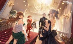 1boy 5girls aiden_(black_survival) back bare_shoulders bianca_(black_survival) black_dress black_gloves black_shirt black_survival blue_hair blue_necktie bow bracelet breasts brown_hair champagne_flute chandelier cleavage cleavage_cutout closed_mouth clothing_cutout collared_shirt commentary_request copyright_name cup detached_collar dress drinking_glass earrings eternal_return:_black_survival evening_gown fang floating_earring flower folded_hair formal freng gloves gold_collar green_dress green_eyes grey_eyes grey_hair gweon_sua hair_bow halterneck hand_in_pocket hand_on_own_hip haze_(black_survival) highres holding holding_cup holding_umbrella indoors jacket jacket_on_shoulders jewelry korean_commentary lamp large_breasts li_dailin long_hair looking_at_viewer multiple_girls necklace necktie official_art open_mouth orange_eyes railing red_dress rose shirt short_hair side_slit sideboob stairs standing strapless strapless_dress suit symbol-shaped_pupils thighlet tie_clip tran_quynh_mai umbrella