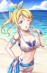 Rule 34 | 1girl, ayase eli, beach, bikini, bird, birthday, blonde hair, blue eyes, bracelet, breasts, cleavage, cloud, cloudy sky, collarbone, commentary request, earrings, hair ornament, heart, heart tattoo, highres, jewelry, large breasts, looking at viewer, love live!, love live! school idol project, ocean, one eye closed, short shorts, shorts, sidelocks, sky, solo, swimsuit, tattoo, tsukimi seiya