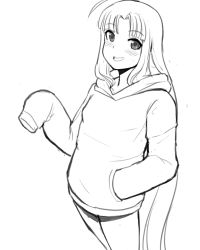 Rule 34 | 1girl, character request, copyright request, donburi (donburikazoku), greyscale, long hair, looking at viewer, monochrome, no pants, simple background, sleeves past wrists, smile, solo, white background