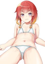 Rule 34 | 1girl, bare arms, bare legs, bare shoulders, bikini, blue bikini, blush, braid, closed mouth, collarbone, etorofu (kancolle), gluteal fold, highres, kantai collection, looking at viewer, navel, purple eyes, red hair, short hair, simple background, solo, swimsuit, thick eyebrows, twin braids, white background, zuki