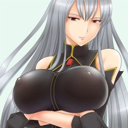 Rule 34 | 00s, 1girl, bare shoulders, breasts, covered erect nipples, crossed arms, female focus, gloves, large breasts, long hair, military, military uniform, red eyes, selvaria bles, senjou no valkyria, senjou no valkyria (series), senjou no valkyria 1, shown, silver hair, simple background, solo, uniform