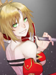 Rule 34 | 1girl, absurdres, aito, bare shoulders, blonde hair, breasts, clarent (fate), commentary request, fate/apocrypha, fate/grand order, fate (series), green eyes, highres, looking at viewer, mordred (fate), mordred (fate/apocrypha), open mouth, ponytail, short hair, sideboob, simple background, smile, solo, sword, weapon