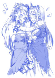 Rule 34 | 10s, 2girls, alicia (granblue fantasy), aliza (granblue fantasy), blue theme, breasts, cleavage, draph, dress, earrings, female focus, gloves, granblue fantasy, headpiece, horns, jewelry, large breasts, long hair, moku (racie45bv), monochrome, mother and daughter, multiple girls, open mouth, pointy ears, simple background, underboob, white background