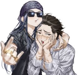 Rule 34 | 1girl, absurdres, ainu, asirpa, bandana, bangle, black vest, bling, blue bandana, blue hair, blush, bracelet, brown eyes, brown hair, chain, chamuring, facial scar, glasses, gold chain, gold necklace, golden kamuy, hair pulled back, hands on own cheeks, hands on own face, highres, jewelry, long hair, muscular, muscular male, necklace, ring, scar, scar across eye, scar on cheek, scar on face, scar on nose, scared, shirt, short hair, sugimoto saichi, vest, white shirt