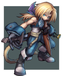 Rule 34 | 1boy, absurdres, bare arms, black footwear, blonde hair, blue eyes, blue pants, blunt bangs, boots, dakusuta, dual wielding, final fantasy, final fantasy ix, full body, gloves, highres, holding, long hair, male focus, monkey tail, pants, ponytail, simple background, solo, tail, weapon, zidane tribal