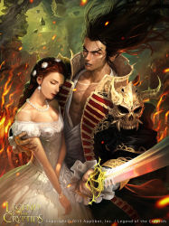 Rule 34 | 1boy, 1girl, bare shoulders, bracelet, brown hair, copyright name, dress, earrings, closed eyes, fire, flower, hair flower, hair ornament, jewelry, legend of the cryptids, long hair, male focus, necklace, official art, open clothes, open mouth, open shirt, red eyes, rock, scar, sword, teeth, weapon, woo chul lee