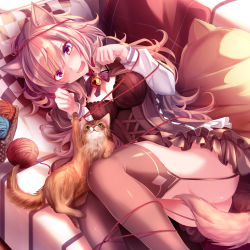 Rule 34 | 1girl, animal ears, ass, basket, bell, black skirt, black thighhighs, blush, breasts, brown eyes, brown hair, brown thighhighs, cat, cat ears, cat girl, cat tail, checkered pillow, choker, cleavage, commentary, corset, couch, fang, garter straps, haruka natsuki, highres, indoors, jingle bell, large breasts, layered skirt, long hair, long sleeves, looking at another, lying, medium breasts, miniskirt, neck bell, on couch, on side, open mouth, original, paw pose, pillow, purple eyes, single horizontal stripe, skin fang, skirt, smile, solo, tail, tail censor, thighhighs, thighs, yarn, yarn ball