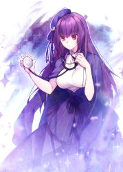 Rule 34 | 1girl, breasts, dress, expressionless, fate/grand order, fate (series), hair between eyes, heroic spirit festival outfit, highres, jacket, jacket on shoulders, large breasts, looking to the side, purple dress, purple hair, red eyes, scathach (fate), scathach skadi (fate), scathach skadi (festival outfit) (fate), solo, sparkle, stethoscope, yun (outsidey)
