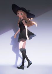Rule 34 | 1girl, alternate color, black dress, black hat, black socks, blonde hair, collared dress, commentary request, creatures (company), dress, eyelashes, from side, full body, game freak, green eyes, hat, highres, kneehighs, konbu 1270, lillie (pokemon), long hair, looking at viewer, looking to the side, nintendo, pokemon, pokemon sm, shoes, sleeveless, sleeveless dress, socks, solo, standing, sun hat