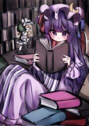 Rule 34 | 1girl, book, dress, hat, highres, holding, holding book, kirisame marisa, library, patchouli knowledge, purple dress, purple eyes, purple hair, reading, sitting, sneaking, striped clothes, striped dress, tohou89, touhou