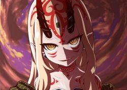 Rule 34 | &gt;:), 1girl, bare shoulders, blonde hair, collarbone, earrings, evil smile, facial mark, fang, fate/grand order, fate (series), forehead mark, head tilt, horns, ibaraki douji (fate), ikue fuuji, jewelry, long hair, looking at viewer, oni horns, parted lips, pointy ears, portrait, sidelocks, smile, solo, tattoo, third eye, tsurime, v-shaped eyebrows, yellow eyes
