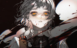 Rule 34 | 1girl, artist name, blood, blood on face, blood spray, brown background, chainsaw man, collared shirt, commentary, ear piercing, earclip, earrings, expressionless, fami (chainsaw man), film grain, floating hair, glowing, glowing eye, grey hair, jewelry, kawacy, looking to the side, mole, mole under eye, mole under mouth, motion blur, multiple moles, neck ribbon, parted lips, piercing, portrait, ribbon, ringed eyes, school uniform, shirt, short hair, solo, white shirt, yellow eyes