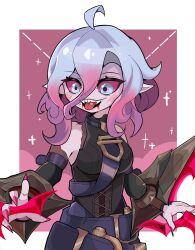 Rule 34 | 1girl, absurdres, ahoge, beseunaj-jamjaneun gemdol-i, blood, blood on face, breasts, briar (league of legends), colored sclera, detached sleeves, fingernails, gradient hair, grey eyes, grey hair, hair between eyes, highres, league of legends, looking ahead, medium breasts, multicolored hair, nail polish, pink hair, pointy ears, red nails, red sclera, sharp fingernails, sharp teeth, smile, solo, teeth, tongue, tongue out, two-tone hair, upper body, vampire, wrist cuffs