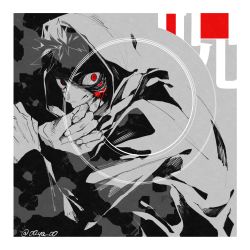 Rule 34 | 1boy, blood, blood on face, border, extra eyes, extra mouth, four-kunn, greyscale, hands up, highres, hood, hood up, itadori yuuji, jujutsu kaisen, looking at viewer, male focus, monochrome, open mouth, partially colored, red eyes, ryoumen sukuna (jujutsu kaisen), short hair, smile, solo, spot color, twitter username, upper body, white border