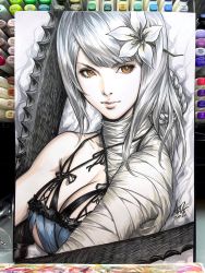 Rule 34 | 1girl, art tools in frame, bandaged arm, bandaged neck, bandages, braid, breasts, brown eyes, flower, hair flower, hair ornament, highres, holding, holding weapon, kaine (nier), large breasts, long hair, marker (medium), nier, nier (series), nier (brother), revealing clothes, silver hair, solo, stanley lau, traditional media, weapon