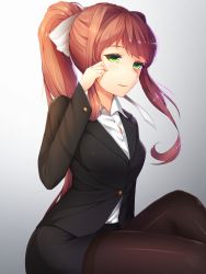 Rule 34 | 1girl, blouse, bow, breasts, brown hair, business suit, closed mouth, collared shirt, doki doki literature club, formal, gradient background, green eyes, hair bow, highres, long hair, long sleeves, looking at viewer, monika (doki doki literature club), pantyhose, ponytail, shirt, sidelocks, simple background, sitting, skirt, skirt suit, smile, solo, suit, tsukimaru, white background, white shirt