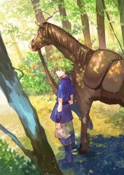 Rule 34 | 1boy, animal, fire emblem, fire emblem: the binding blade, forest, green eyes, green hair, holding, holding reins, horse, looking at viewer, male focus, nature, nintendo, noki (affabile), painting (medium), reins, smile, solo, traditional media, watercolor (medium), wolt (fire emblem)