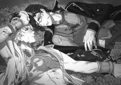 Rule 34 | 2boys, abs, aladdin (sinoalice), arabian clothes, armor, blood, blood on clothes, blood on face, breastplate, butler, cape, closed mouth, collared shirt, commission, flower, formal, glasses, grin, hair slicked back, hameln (sinoalice), holding hands, horns, looking at another, mage (mgmg ff), male focus, monochrome, multicolored hair, multiple boys, parted lips, rose, scratches, shirt, short hair, sinoalice, smile, torn clothes, two-tone hair, yaoi