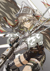 Rule 34 | 1girl, absurdres, arknights, black shorts, black thighhighs, brown cape, brown hair, cape, closed mouth, fartooth (arknights), feather hair, gauntlets, gradient background, green ribbon, grey background, hair ribbon, high-waist shorts, highres, holding, holding weapon, long hair, long sleeves, looking at viewer, pouch, puffy long sleeves, puffy sleeves, ribbon, shirt, shokikanes, shorts, solo, standing, thigh pouch, thigh strap, thighhighs, very long hair, visor (armor), weapon, white shirt, yellow eyes