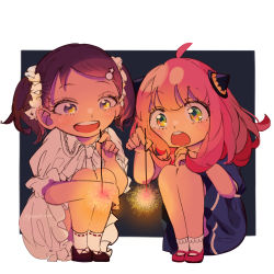 Rule 34 | 2girls, absurdres, ahoge, anya (spy x family), becky blackbell, blush, brown hair, child, dress, fireworks, green eyes, hairpods, highres, holding, holding fireworks, multiple girls, open mouth, peanuts omr, pink hair, senkou hanabi, sleeves past elbows, sparkler, spy x family, squatting, twintails, yellow eyes