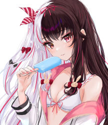 Rule 34 | 1girl, bikini, black bow, black hair, bow, bow bikini, breasts, cleavage, food, frilled bikini, frills, hair bow, hair ornament, hair ribbon, highres, holding, holding food, jacket, kei-chan (ultimatekeichan), long hair, long sleeves, looking at viewer, multicolored hair, nijisanji, off shoulder, pink bow, pink eyes, popsicle, red bow, red hair, ribbon, silver hair, simple background, small breasts, smile, solo, split-color hair, streaked hair, striped, striped bow, swimsuit, upper body, virtual youtuber, white background, white bikini, white jacket, yorumi rena, yorumi rena (7th costume)