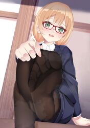 Rule 34 | 1girl, absurdres, blonde hair, blush, clothes pull, crossed legs, feet, glasses, green eyes, highres, jamie hazaford, long hair, looking at viewer, open mouth, pantyhose, pantyhose pull, shirogane no ishi argevollen, sitting, soles, steam, toes