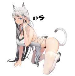 Rule 34 | 1girl, animal ears, bare shoulders, black footwear, black panties, blue eyes, breasts, cleavage, cleavage cutout, closed mouth, clothing cutout, commentary request, cross-laced clothes, dress, forehead, full body, hair behind ear, hand up, highres, kneeling, large breasts, long hair, looking at viewer, looking to the side, original, panties, parted bangs, peter pan (adtc7243), sidelocks, silver hair, simple background, solo, spread legs, striped tail, tail, thighhighs, thighs, tiger ears, tiger girl, tiger tail, torn clothes, torn thighhighs, underwear, white background, white dress, white thighhighs