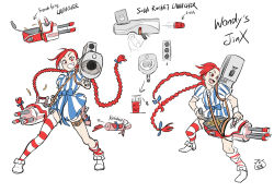 Rule 34 | 1girl, alternate costume, alternate hair color, braid, cosplay, cup, disposable cup, dress, dual wielding, fang, food, french fries, gatling gun, grin, gun, hair ribbon, highres, holding, jinx (league of legends), ketchup, league of legends, leng wa guo, long hair, looking at viewer, machine gun, minigun, open mouth, red eyes, red hair, ribbon, rocket launcher, signature, sketch, smile, soda, solo, star (symbol), striped clothes, striped dress, striped thighhighs, thigh strap, thighhighs, twintails, weapon, wendy&#039;s, wendy (wendy&#039;s), wendy (wendy&#039;s) (cosplay)