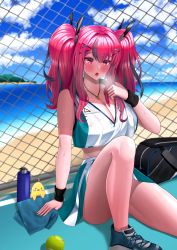 Rule 34 | 1girl, absurdres, azur lane, ball, black hair, black wristband, blush, bottle, breasts, bremerton (azur lane), bremerton (scorching-hot training) (azur lane), chain-link fence, cleavage, crop top, crop top overhang, fence, hair ornament, heart, heart necklace, highres, large breasts, long hair, manjuu (azur lane), midriff, multicolored hair, necklace, pink eyes, pink hair, shirt, sleeveless, sleeveless shirt, solo, sportswear, ssb (nit8921), streaked hair, sweat, tennis ball, tennis court, tennis uniform, thighs, towel, twintails, two-tone hair, two-tone shirt, two-tone skirt, water bottle, wet, wet clothes, wristband, x hair ornament