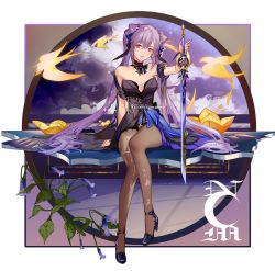 Rule 34 | 1girl, artist name, bare shoulders, black dress, black pantyhose, breasts, commentary, cone hair bun, dress, english commentary, genshin impact, hair bun, high heels, highres, holding, holding sword, holding weapon, keqing (genshin impact), keqing (opulent splendor) (genshin impact), long hair, looking at viewer, medium breasts, nevercrymoon, pantyhose, purple eyes, purple hair, see-through, see-through legwear, shoes, sitting, smile, solo, strapless, strapless dress, sword, twintails, weapon