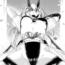 Rule 34 | 1girl, bikini, breasts, breasts apart, dual wielding, elbow gloves, fate/grand order, fate (series), from below, gloves, greyscale, henry saints, holding, horns, katana, long hair, medium breasts, monochrome, navel, oni horns, open mouth, single elbow glove, slit pupils, solo, swimsuit, sword, tomoe gozen (fate), tomoe gozen (swimsuit saber) (fate), tomoe gozen (swimsuit saber) (third ascension) (fate), underboob, very long hair, waist cape, weapon
