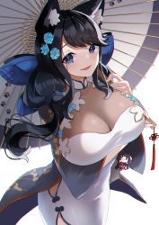 Rule 34 | 1girl, absurdres, animal ear fluff, animal ears, azur lane, black hair, blue flower, breasts, cat ears, china dress, chinese clothes, cleavage, cleavage cutout, clothing cutout, dress, flower, fusou (azur lane), fusou (the celebration of spring) (azur lane), hair flower, hair ornament, highres, large breasts, long hair, looking at viewer, oil-paper umbrella, see-through, simple background, skin tight, solo, umbrella, white background, white dress, yamaha tsui