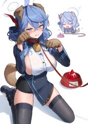 Rule 34 | 1girl, absurdres, ako (blue archive), animal collar, animal ears, animal hands, bell, black footwear, black skirt, black thighhighs, blue archive, blue eyes, blue hair, blue halo, blush, breasts, closed eyes, collar, dog ears, dog paws, dog tail, food, fruit, gloves, hair between eyes, halo, hands up, highres, jeon-eo konoshiro, large breasts, long hair, long sleeves, multiple views, neck bell, open mouth, paw gloves, shirt, shoes, sideboob, simple background, skirt, strawberry, tail, thighhighs, white background, white shirt