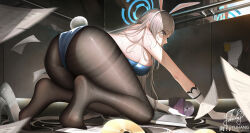 Rule 34 | 1girl, all fours, animal ears, artist name, ass, asuna (blue archive), asuna (bunny) (blue archive), black pantyhose, blue archive, blue halo, blue leotard, blurry, breasts, cd, closed mouth, commentary, depth of field, elevator, fake animal ears, fake tail, from behind, gloves, grey eyes, halo, highres, indoors, kneehighs, large breasts, leotard, light brown hair, long hair, no shoes, official alternate costume, pantyhose, paper, pixiv id, playboy bunny, rabbit ears, rabbit tail, reflection, signature, socks, soles, solo, sweat, tail, thighband pantyhose, thighs, white gloves, yuxing yuhang