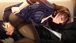 Rule 34 | 1girl, 69, aotonbo, ass, belt, blush, breasts, brown hair, cleavage, clothes lift, closed eyes, formal, game cg, large breasts, legs, long hair, looking back, lying, ohanabatakerun, panties, panties under pantyhose, pantyhose, pink eyes, sitting, sitting on face, sitting on person, skirt, skirt lift, smile, striped, suit, thighs, underwear, xx of the dead