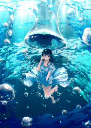 Rule 34 | 1girl, air bubble, barefoot, black hair, blue eyes, blush, bubble, dress, dress tug, embarrassed, fish, full body, highres, holding, holding umbrella, looking down, nose blush, ocean, open mouth, sky print, solo, surprised, umbrella, underwater, yumemizuki